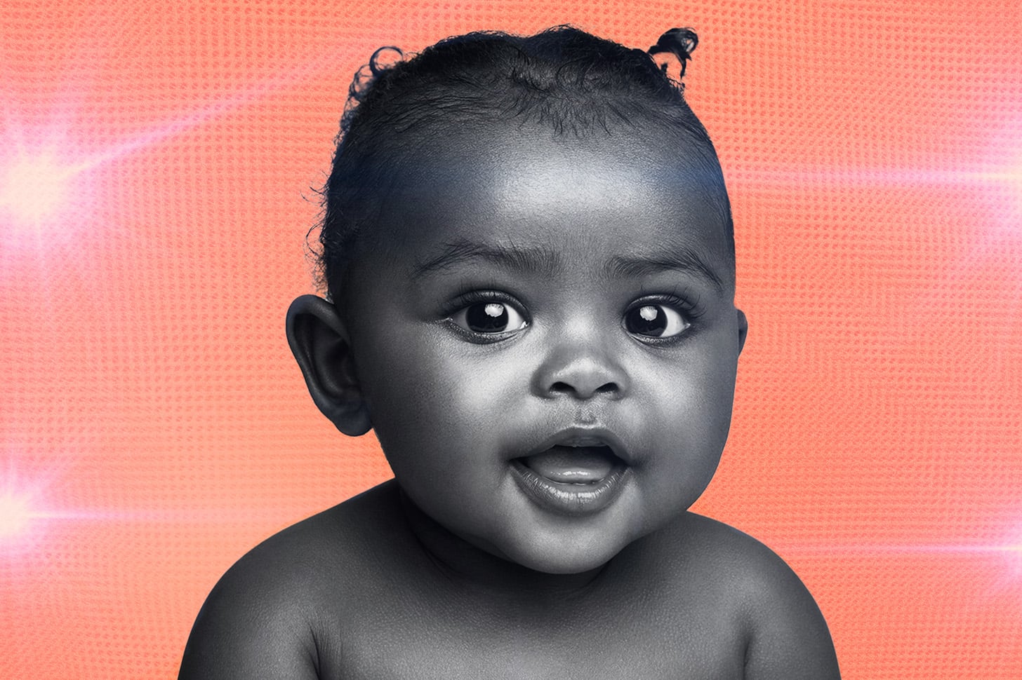 Designed Image of a Baby Smiling at Camera With Lights Flashing in the Background on Orange Background