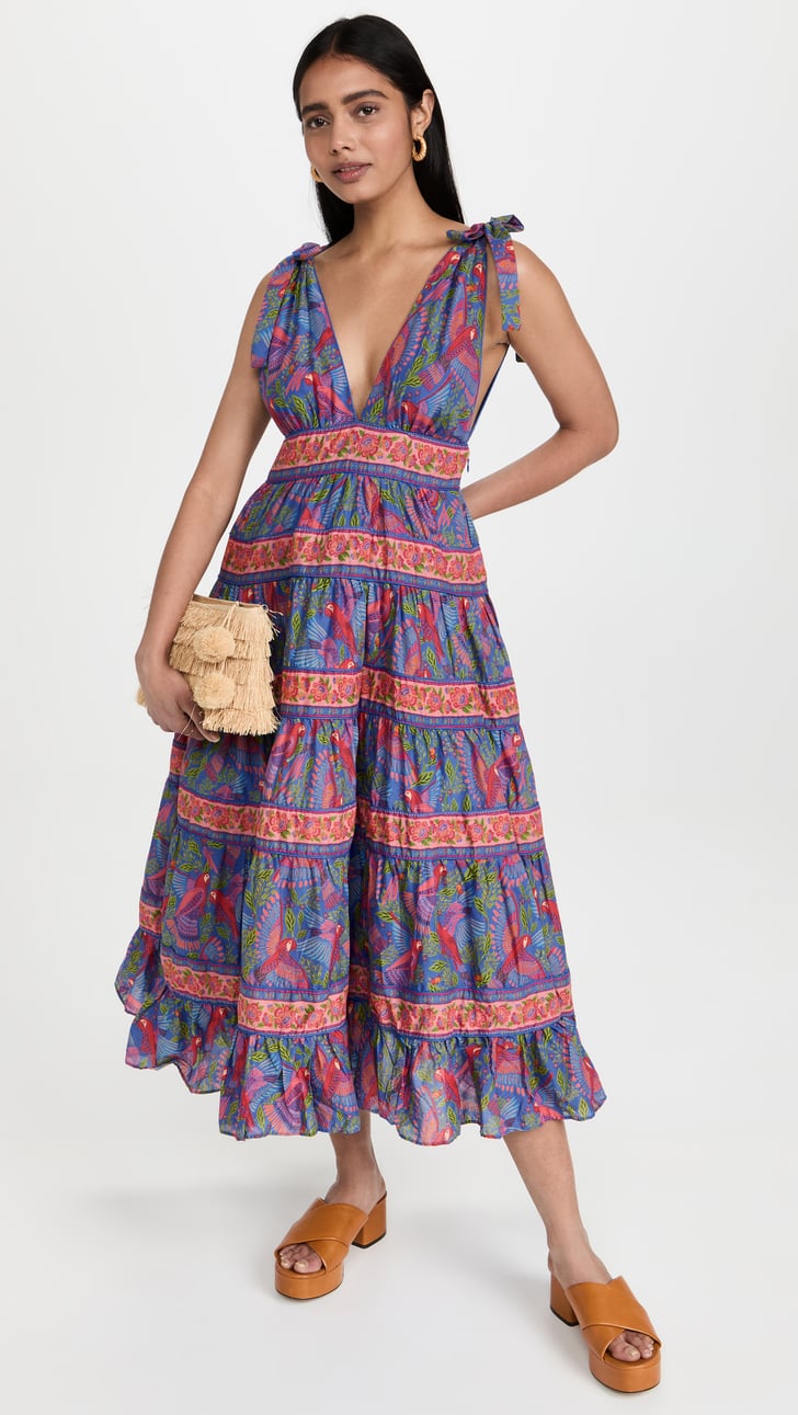 A Wedding Guest Dress: Farm Rio Blue Macaw Flight Midi Dress | If You Have  a Large Bust, You'll Want to Live in These 14 Summer Dresses | POPSUGAR  Fashion Photo 8