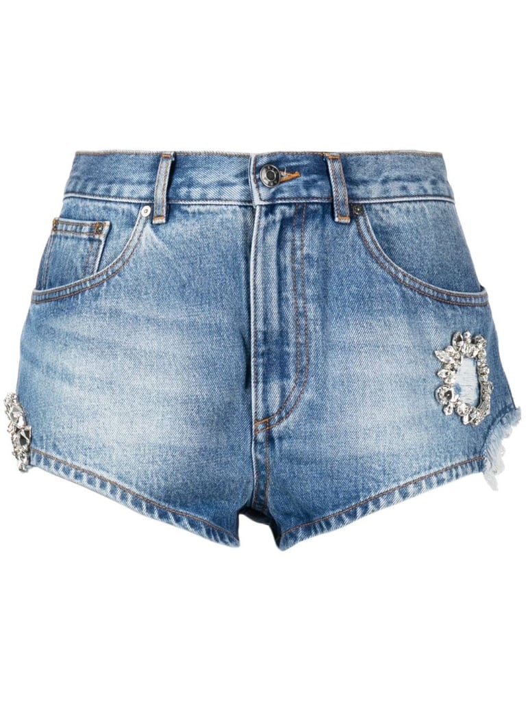 Area Crystal-Embellished Denim Mini Shorts