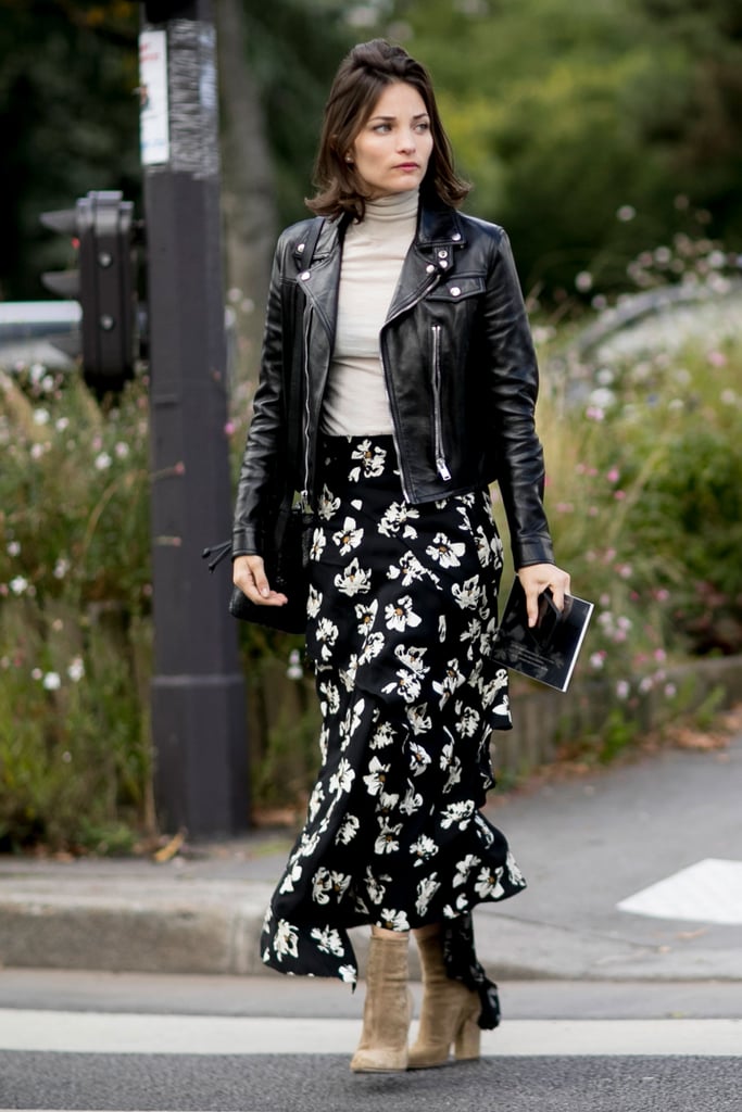 Trade a pencil skirt for a flowing, printed style, and top with a leather jacket for a new take on corporate essentials.