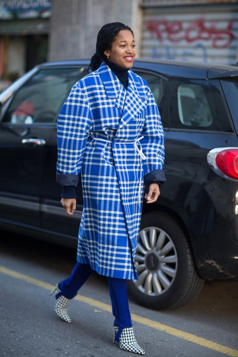 Lean into a full-blown plaid look with a bold coat and checked pumps.
