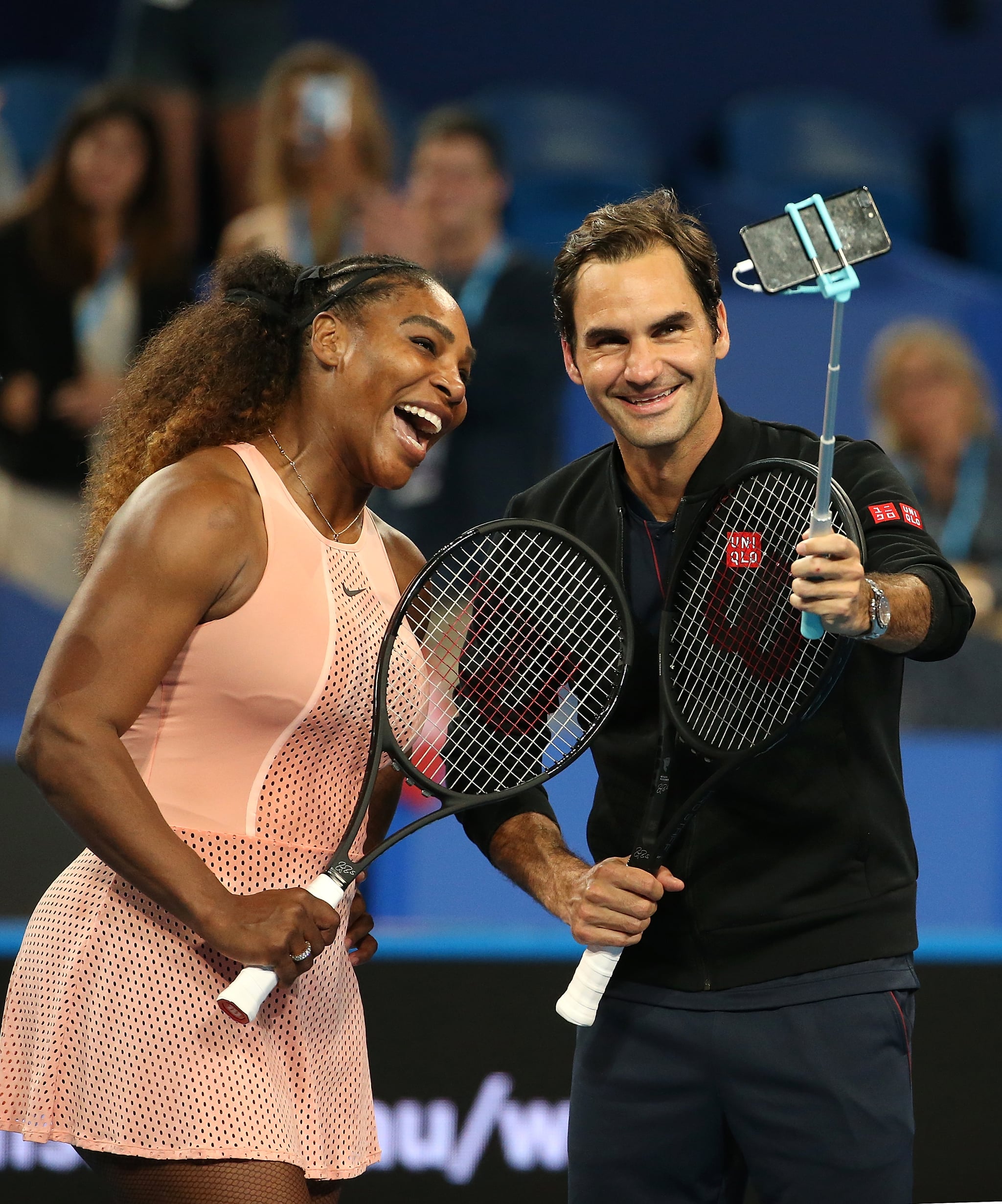 PERTH, AUSTRALIA - JANUARY 01: Serena Williams of the United States and Roger Federer of Switzerland take a selfie on court following their mixed doubles match during day four of the 2019 Hopman Cup at RAC Arena on January 01, 2019 in Perth, Australia. (Photo by Paul Kane/Getty Images)