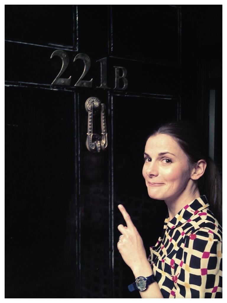 "And here's me at the front door. Helpfully, I'm pointing out the number." — Louise Brealey who plays Molly Hooper.
Source: Twitter user louisebrealey
