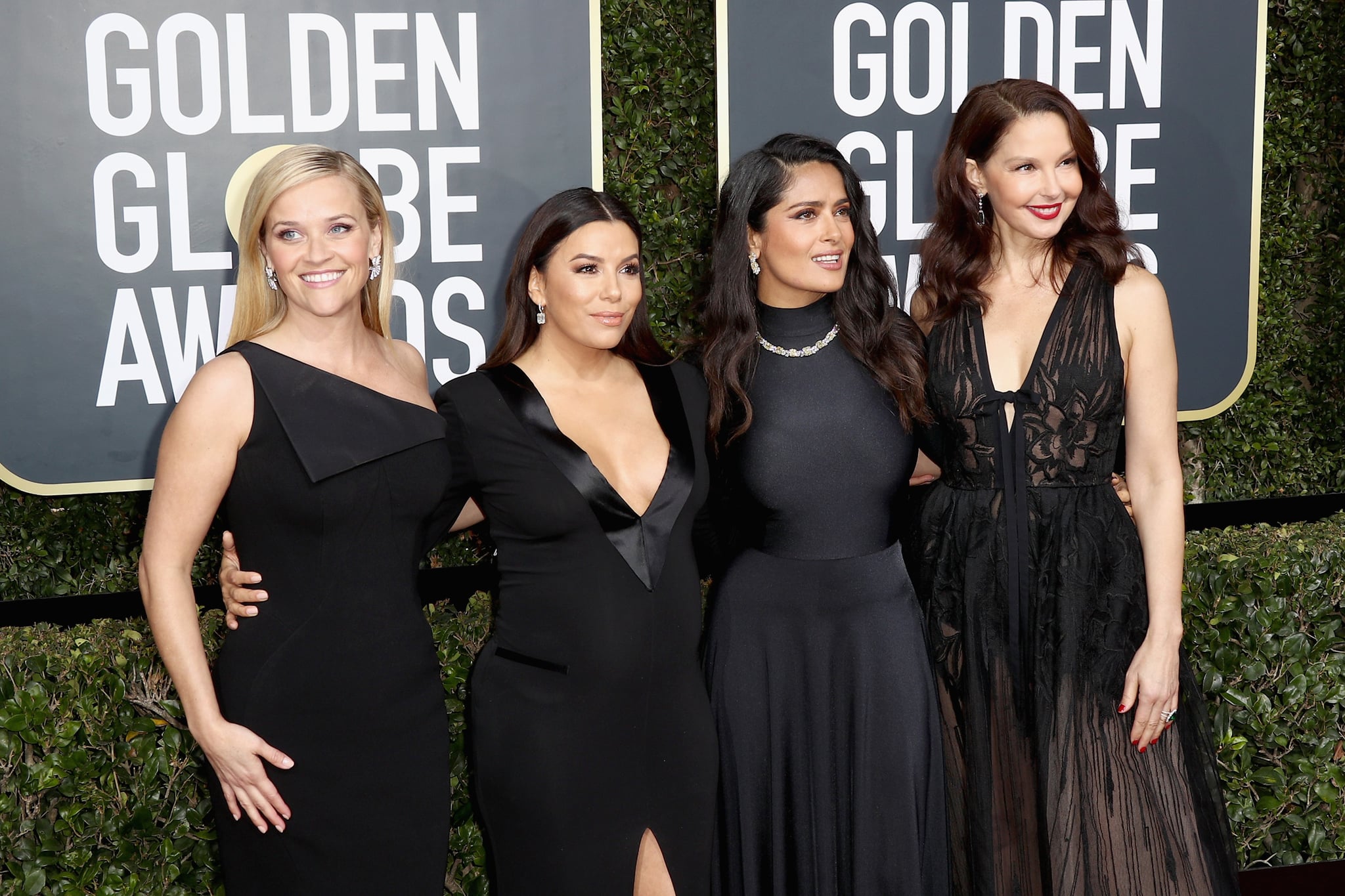 BEVERLY HILLS, CA - JANUARY 07:  Reese Witherspoon, Eva Longoria, Salma Hayek and Ashley Judd attend The 75th Annual Golden Globe Awards at The Beverly Hilton Hotel on January 7, 2018 in Beverly Hills, California.  (Photo by Frederick M. Brown/Getty Images)