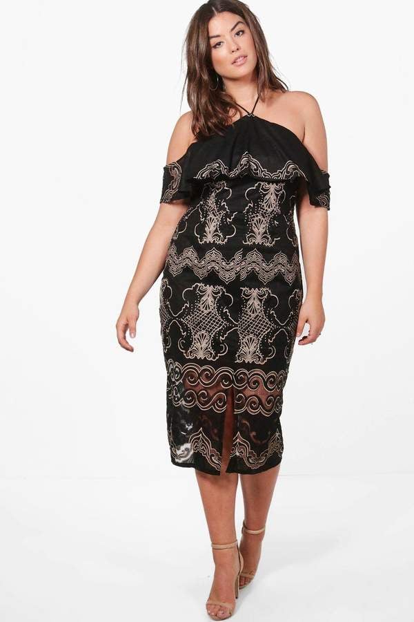 boohoo Plus Dahlia Crochet Lace Ruffle Detail Midi Dress