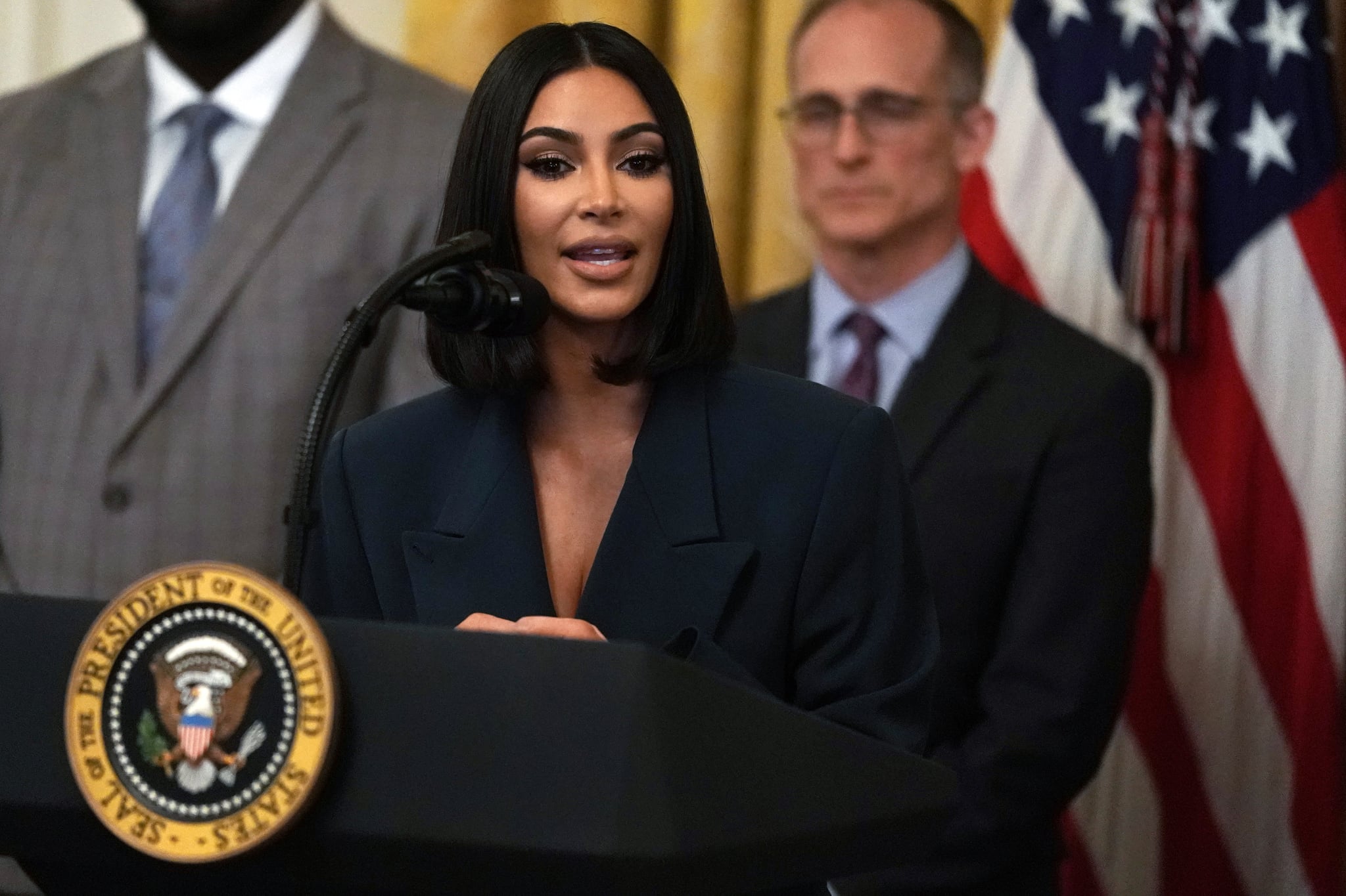 WASHINGTON, DC - JUNE 13: Kim Kardashian West speaks during the East Room event 