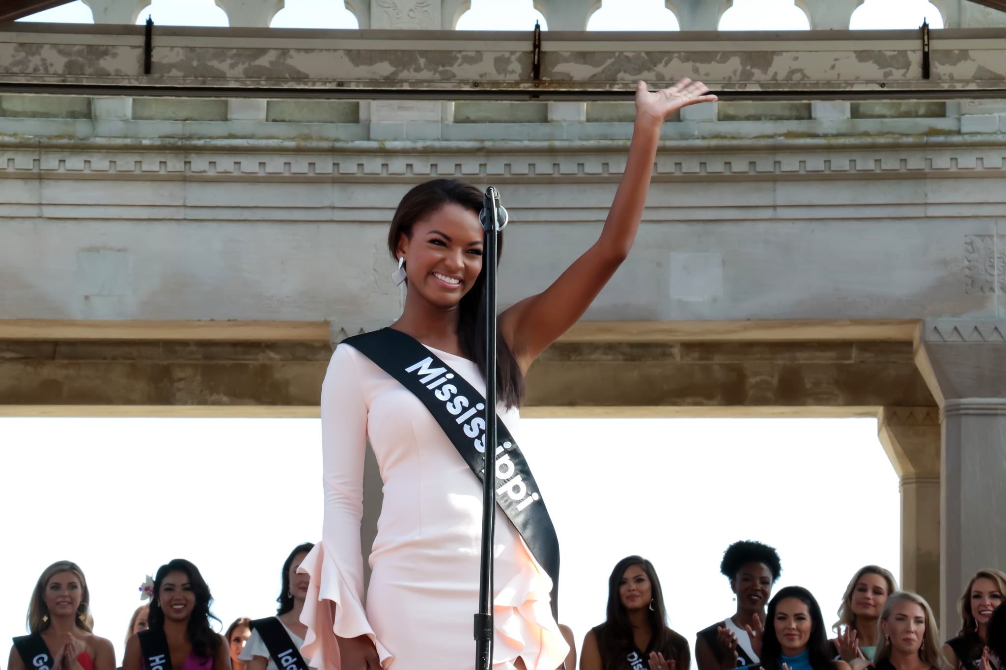 ATLANTIC CITY, NJ - AUGUST 30: Miss Mississippi 2018, Asya Branch  waves to crowd at Kennedy Plaza on August 30, 2018 in Atlantic City, New Jersey.  (Photo by Donald Kravitz/Getty Images)