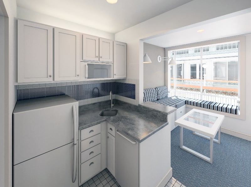 The units are bright and airy, looking out into the historic building.