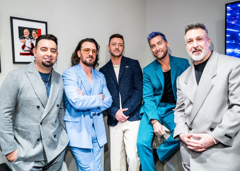 NEWARK, NEW JERSEY - SEPTEMBER 12: (L-R) Chris Kirkpatrick, JC Chasez, Justin Timberlake, Lance Bass and Joey Fatone of NSYNC seen backstage during the 2023 Video Music Awards at Prudential Center on September 12, 2023 in Newark, New Jersey. (Photo by Joh