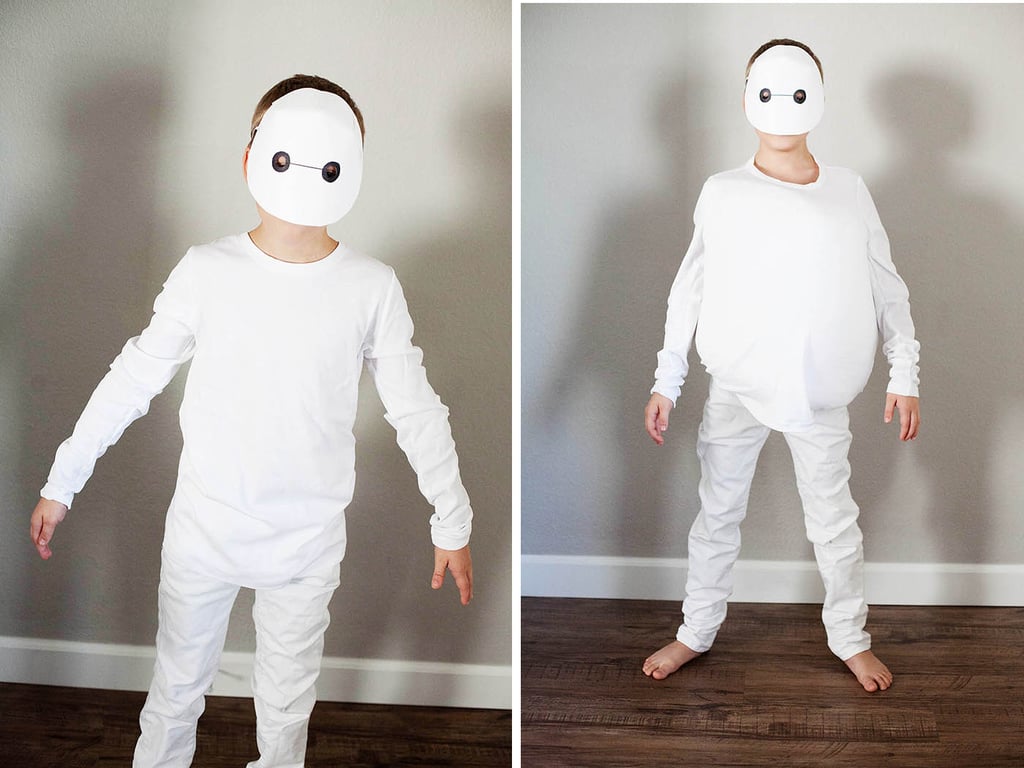 For the white Baymax, just repeat the steps for the mask using white card stock and draw the eyes right on. You could stuff a shirt with a pillow for some extra padding.