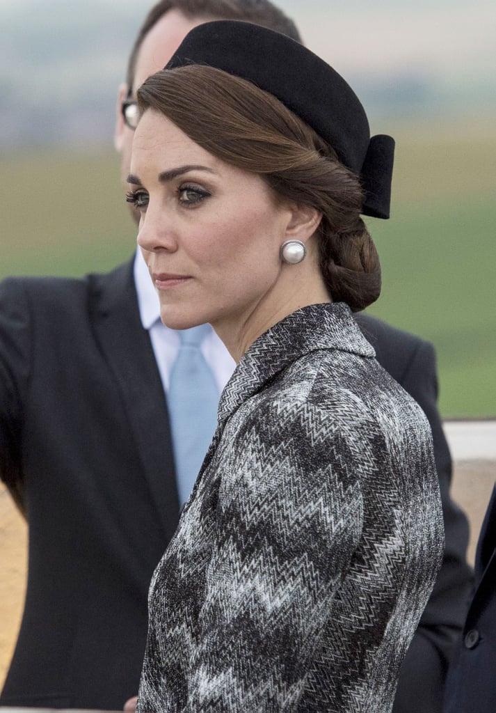 To commemorate the Battle of the Somme, Kate wore faux pearl and crystal costume jewelry earrings from Balenciaga, costing $745.