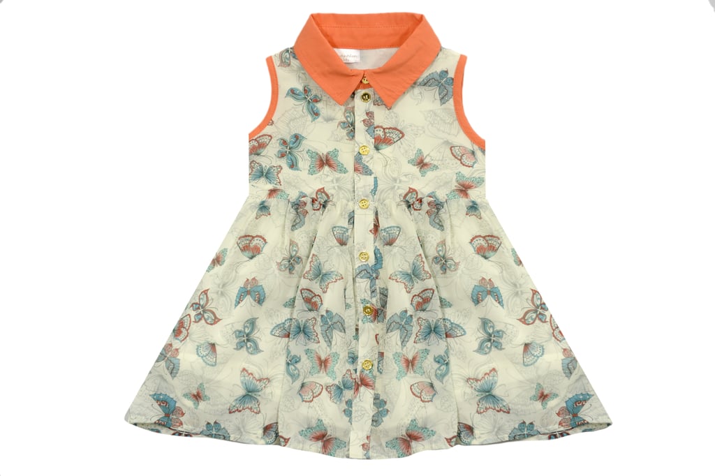 Butterfly-Printed Dress With Orange Collar