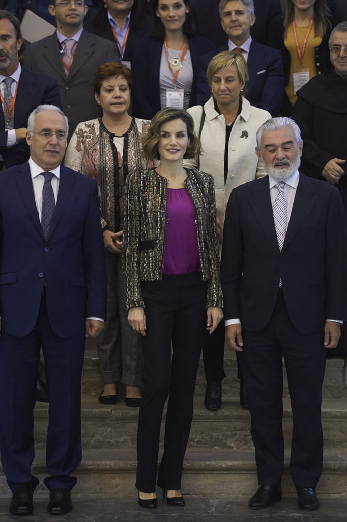 Queen Letizia wore her favorite beaded neutral-toned blazer to the International Seminar of Language and Journalism in San Millan de la Cogolla, Spain, in October 2015.