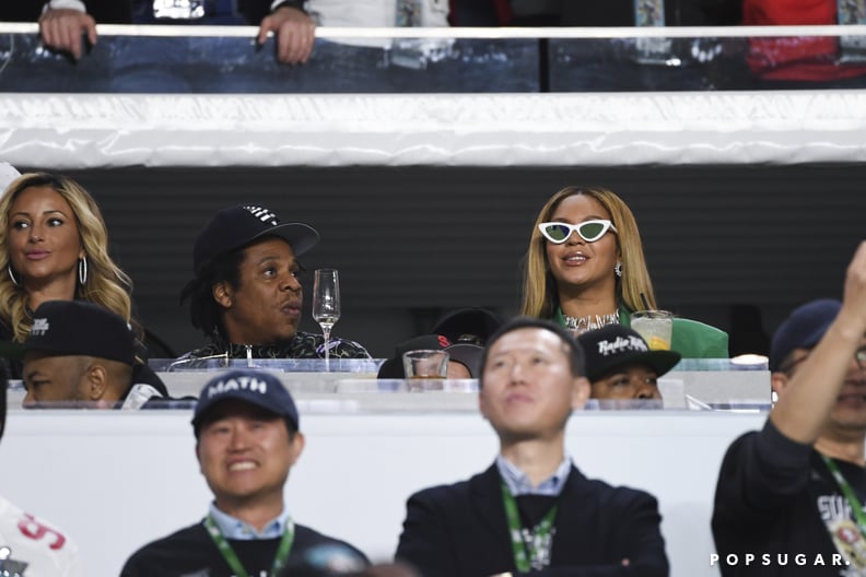 Jay-Z and Beyonce Knowles watch Super Bowl LIV between the San Francisco 49ers and the Kansas City Chiefs held at Hard Rock Stadium in Miami Gardens, Florida on Feb. 2, 2020. (Photo by Anthony Behar/Sipa USA)(Sipa via AP Images)