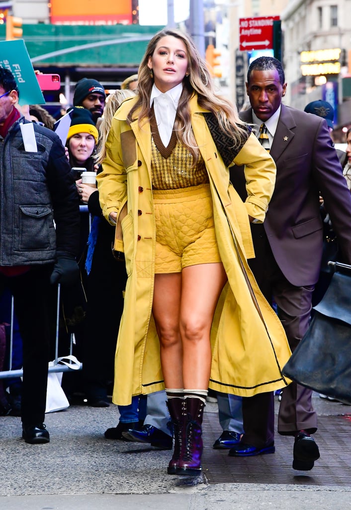 Blake Lively Wearing Yellow Fendi Shorts in the Winter Cold