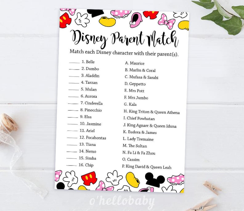 Disney Parent Match Baby Shower Game