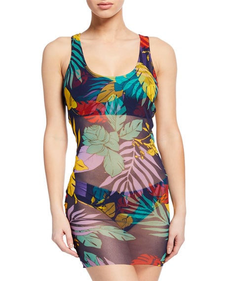 Fuzzi Leaf-Print Tulle Two-Piece Tankini Swimsuit