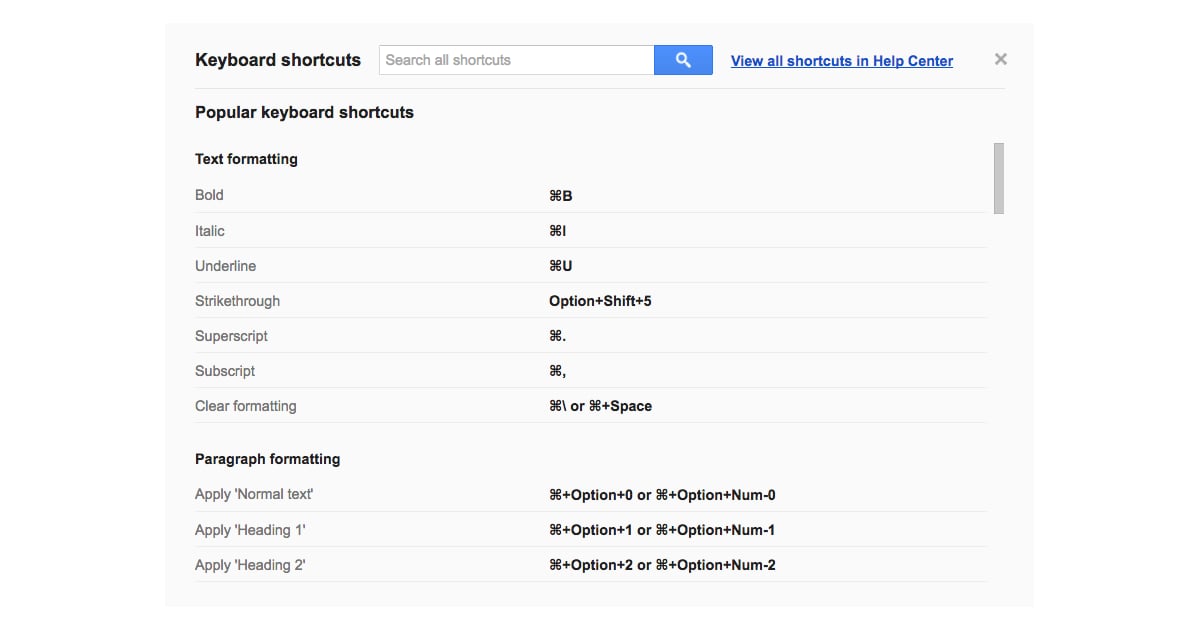 google docs keyboard shortcuts