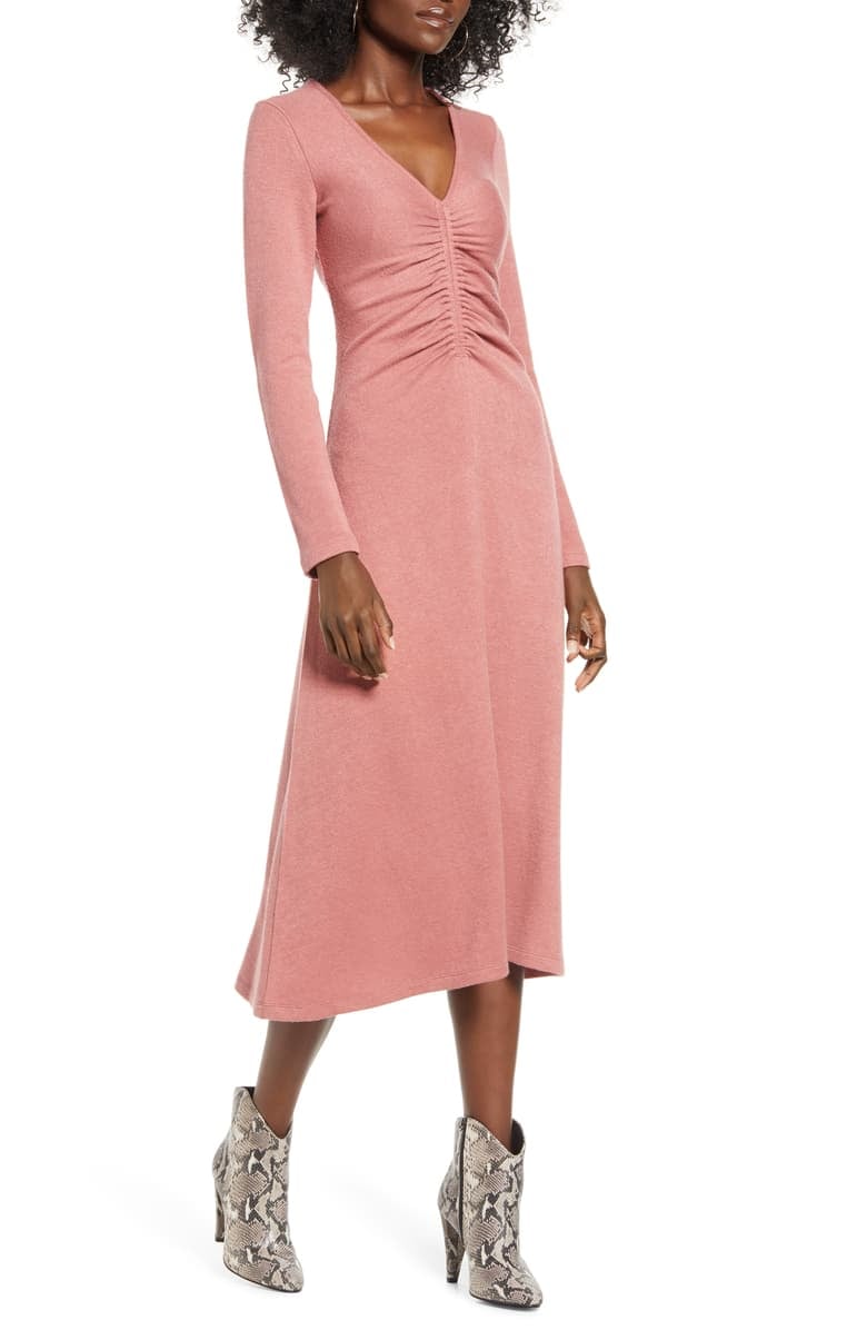 All in Favor Cinch Front Long Sleeve Midi Sweater Dress