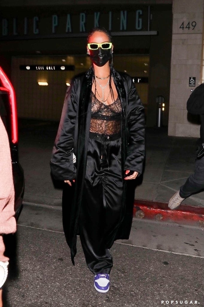 Rihanna Wearing a Chanel Lingerie Top and Satin Track Pants