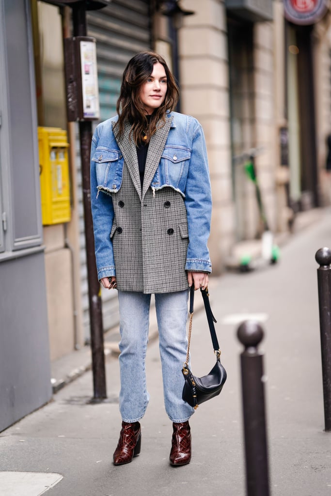 Give an old denim jacket new life by cutting it to a cropped silhouette. If it's oversize enough, try layering it over a blazer for a street-style-inspired look.