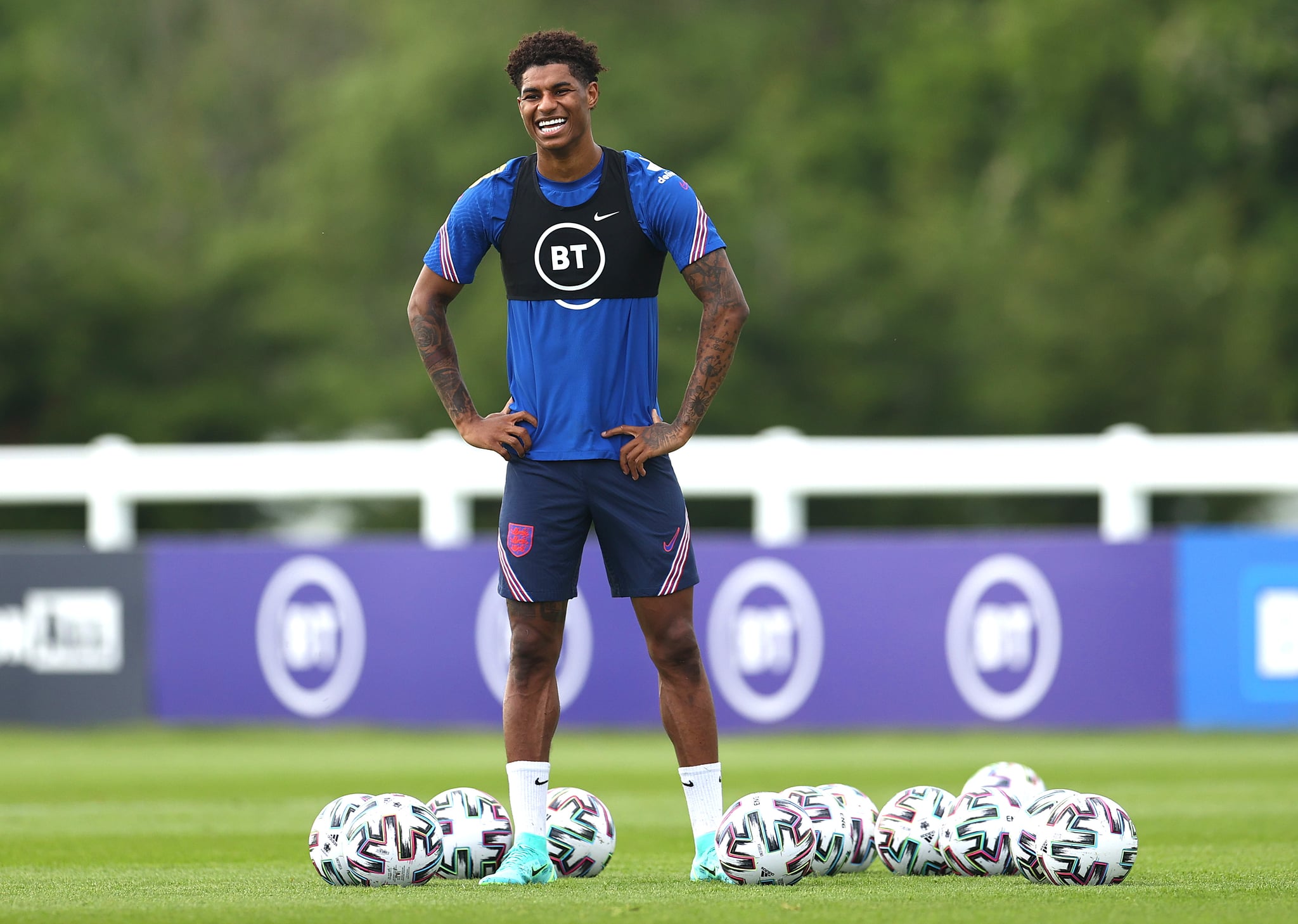 MIDDLESBROUGH, ENGLAND - JUNE 03: Marcus Rashford of England reacts during the England training session on June 03, 2021 in Middlesbrough, England. (Photo by Eddie Keogh - The FA/The FA via Getty Images)