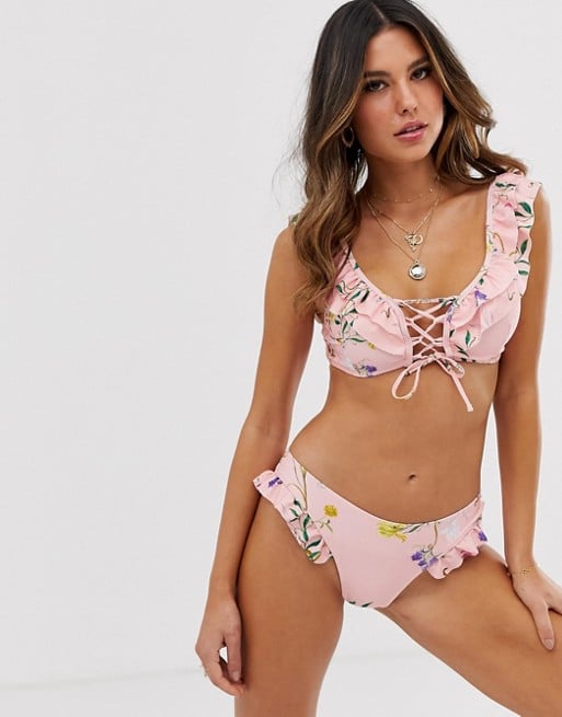 Unique21 Garden Floral Ruffle Scoop Lace-Front Bikini