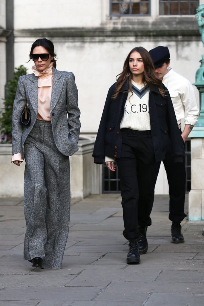 Victoria Beckham Gray Suit With Brooklyn Beckham Girlfriend