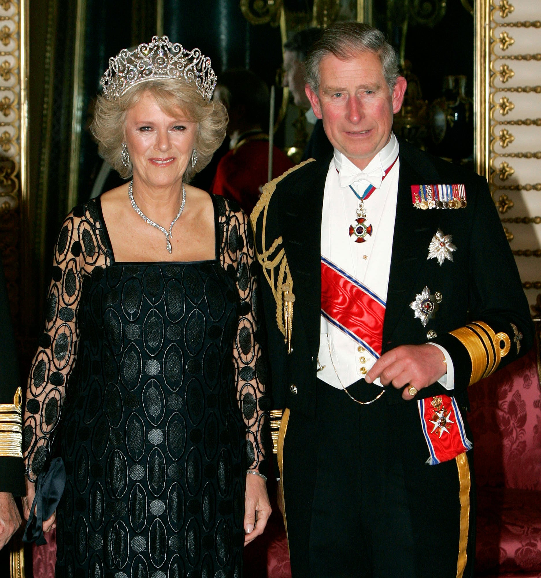 Camilla, Duchess of Cornwall in Royal heirloom diamond tiara, necklace and earrings and Prince Charles, the Prince of Wales attend a banquet in Buckingham Palace.  (Photo by © Pool Photograph/Corbis/Corbis via Getty Images)