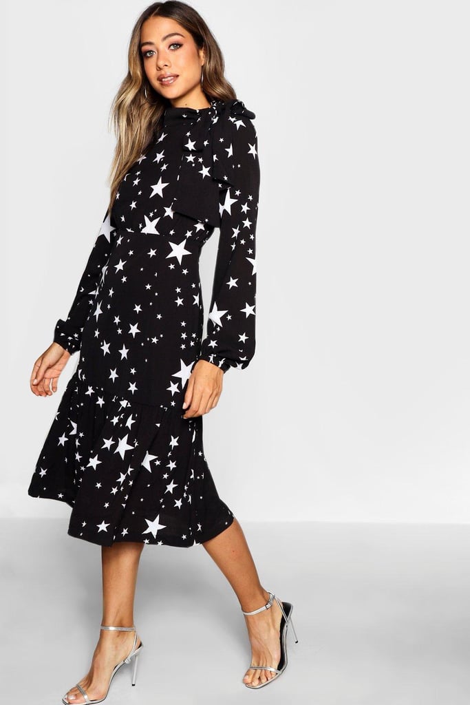 Tie-Neck Star Print Midi Dress