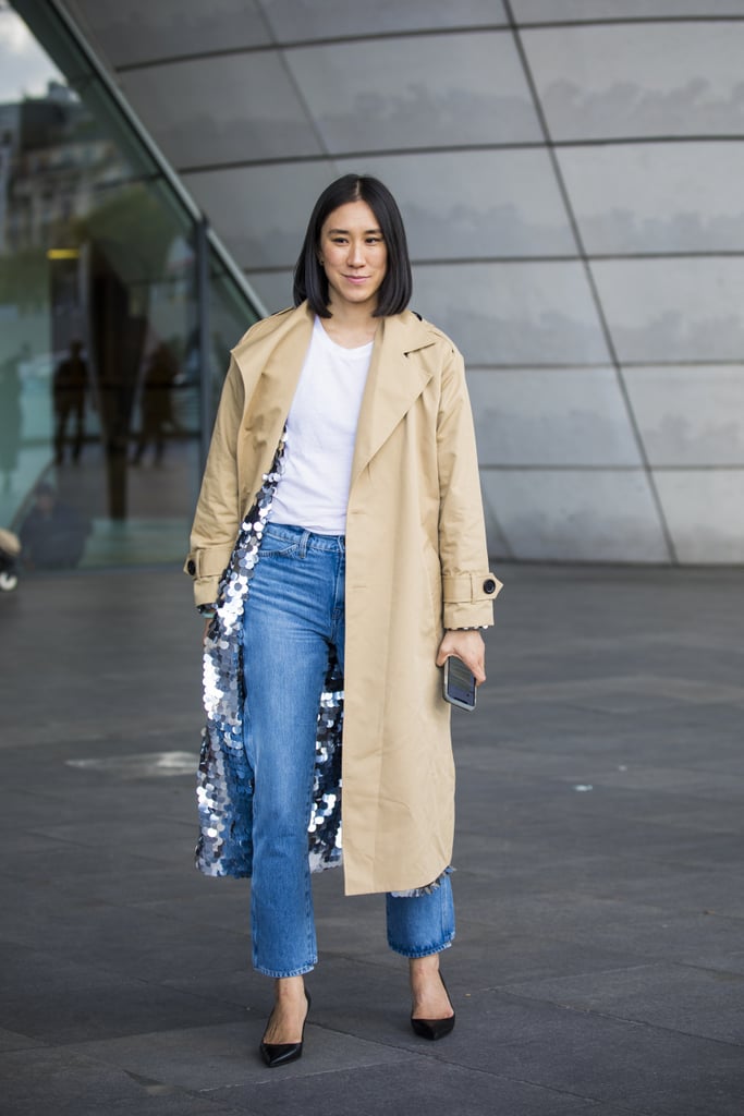 Timeless pieces are always impactful — take this combination of a white t-shirt, trench coat, cropped jeans, and pumps, for example.