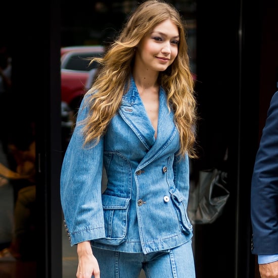 Gigi Hadid Denim Shorts Suit With Silver Shoes and Bag
