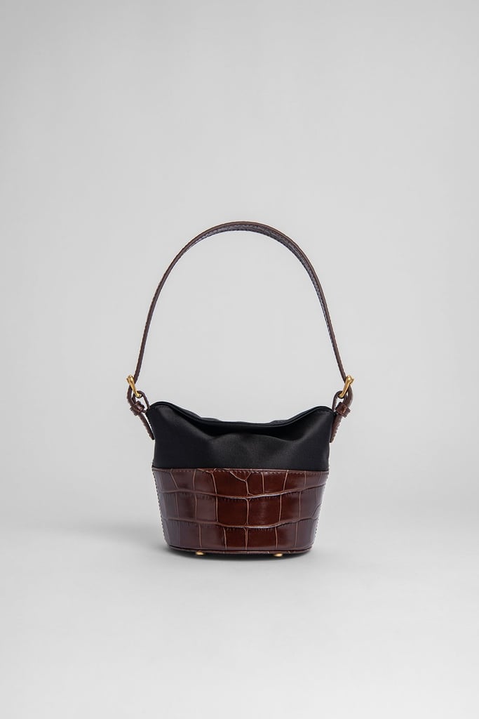 By Far Mini Jamie Nutella Croco Embossed Leather and Black Silk Bag