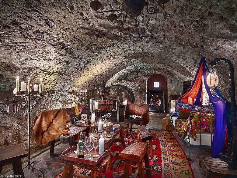 The wine-tasting cave is decorated in Johnny's unique and eclectic style.