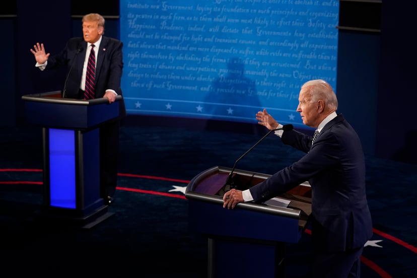 CLEVELAND, OHIO - SEPTEMBER 29:  U.S. President Donald Trump and former Vice President and Democratic presidential nominee Joe Biden speak during the first presidential debate at the Health Education Campus of Case Western Reserve University on September 