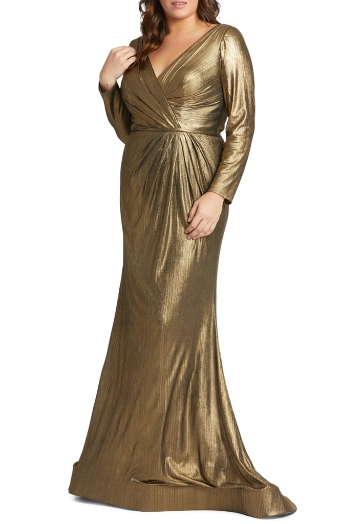 A Metallic Gown: Mac Duggal Metallic Long Sleeve Faux Wrap Gown