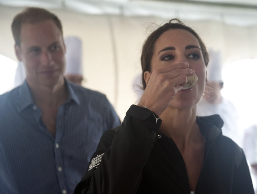 DALVAY BY THE SEA, PE - JULY 4: Prince William, Duke of Cambridge and Catherine, Duchess of Cambridge meet with local chefs in the culinary station where the Duchess tried a local oyster, on July 4, 2011 at Dalvay by the Sea, Prince Edward Island , Canada