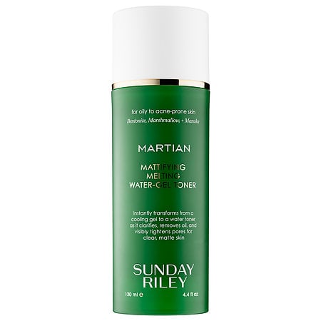 "This toner has an awakening effect. When I put it on in the morning I feel really alive and my skin feels clean and alive. I really like the smell and the way the product pumps out of the bottle."   
Sunday Riley Martian Mattifying Melting Water Gel Toner  ($55)