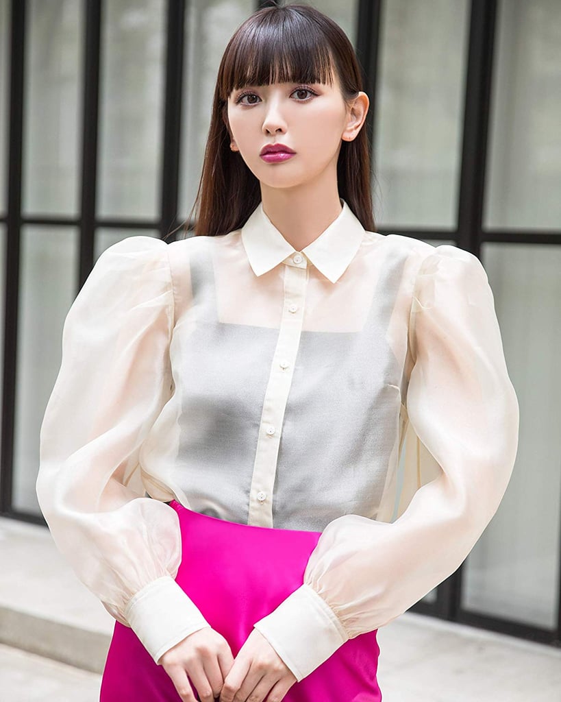 The Drop Women's Vintage Beige Loose Sheer Organza Button Down Shirt by