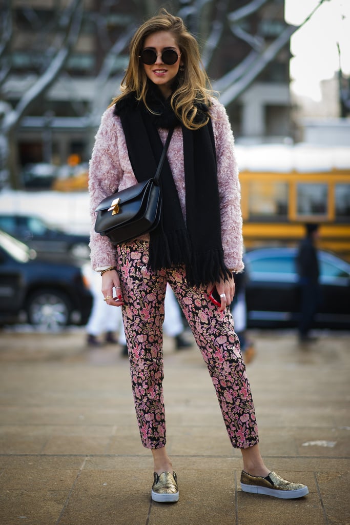 Chiara Ferragni made cozy look cute with a furry pink topper and skater shoes.