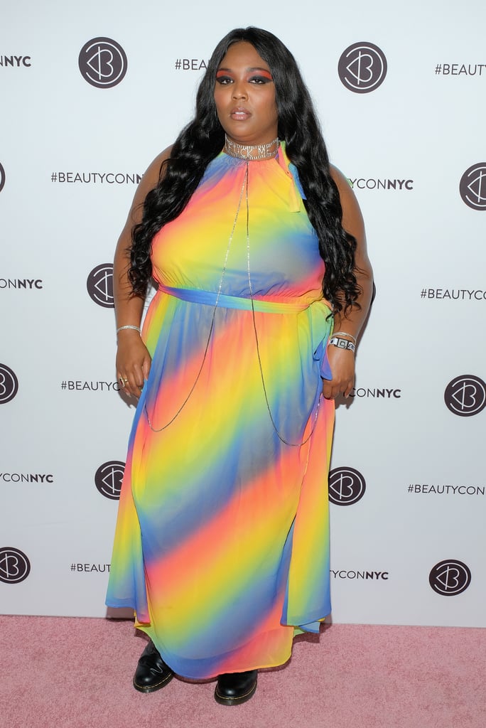 Lizzo could have worn anything to the 2018 Beautycon festival, but she chose this rainbow ombré high-neck dress and completed the look with a mesmerising body necklace.