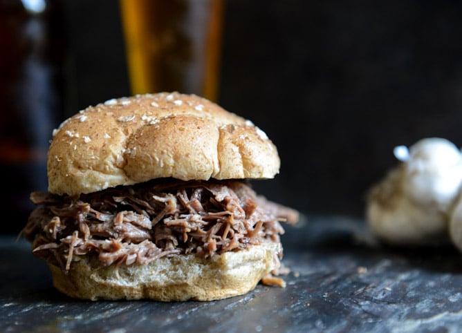 Crockpot Brown Sugar and Roasted Garlic Pulled Pot Roast Sandwiches