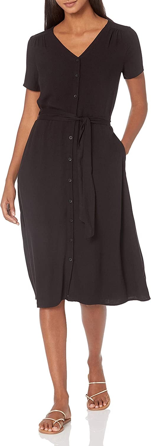 A Pocketed Midi Dress: Amazon Essentials Midi Button-Front Tie Dress