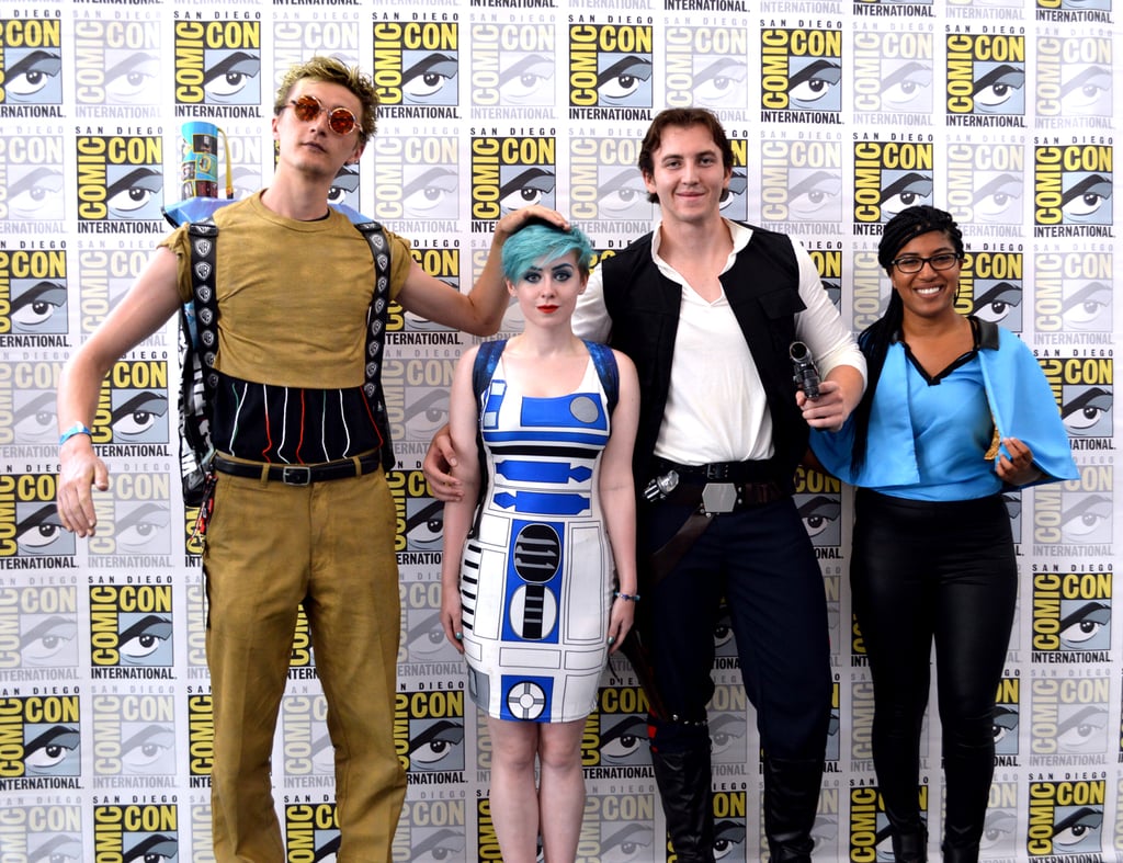 C-3PO, R2-D2, Han Solo, and Lando