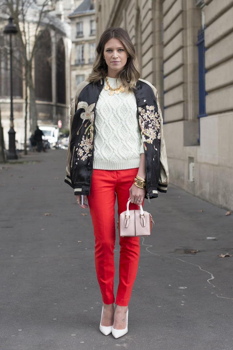 Red pants that are slimming and festive