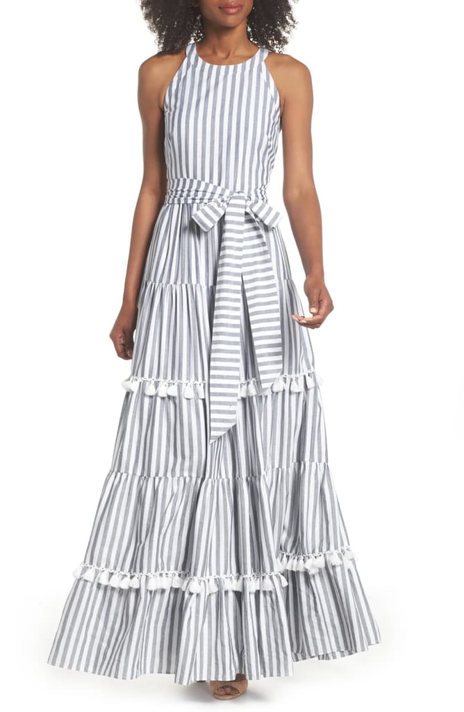 Eliza J Tiered Tassel-Fringe Cotton Maxi Dress