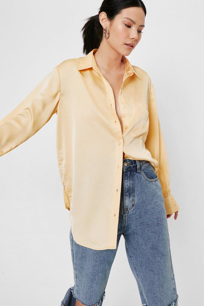 Nasty Gal Satin Oversized Long Sleeve Pocket Shirt