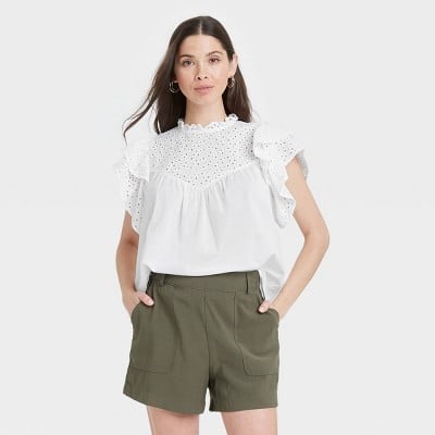 A New Day Women's Flutter Short Sleeve Eyelet Top