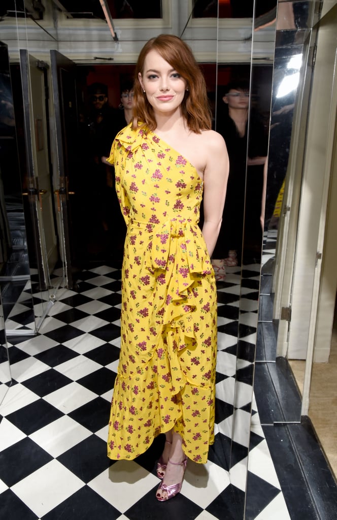 Emma Stone wore a one-shouldered print to the W magazine Globes preparty.