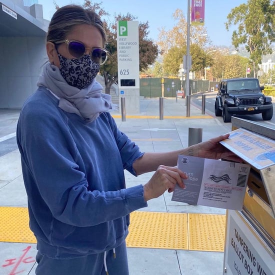 Jennifer Aniston Wore a Blue Sweatsuit and Face Mask to Vote